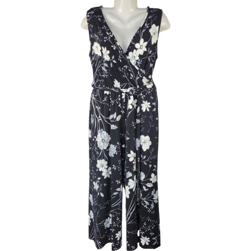 ✅Calvin Klein black with white floral print sleeveless belted jumpsuit 10